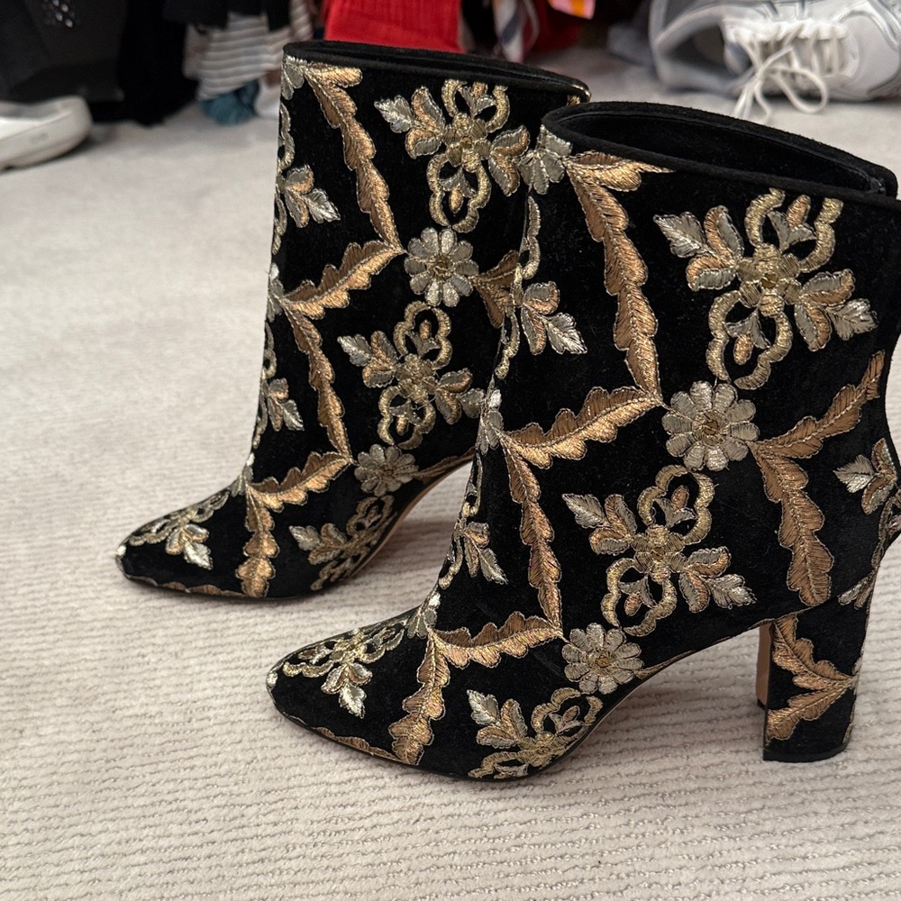 Manolo Blahnik Black and Gold Floral Ankle Boots never worn!